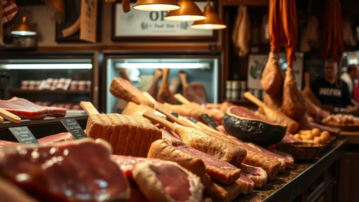 Mostrador de una carnicería tradicional en un mercado gallego.