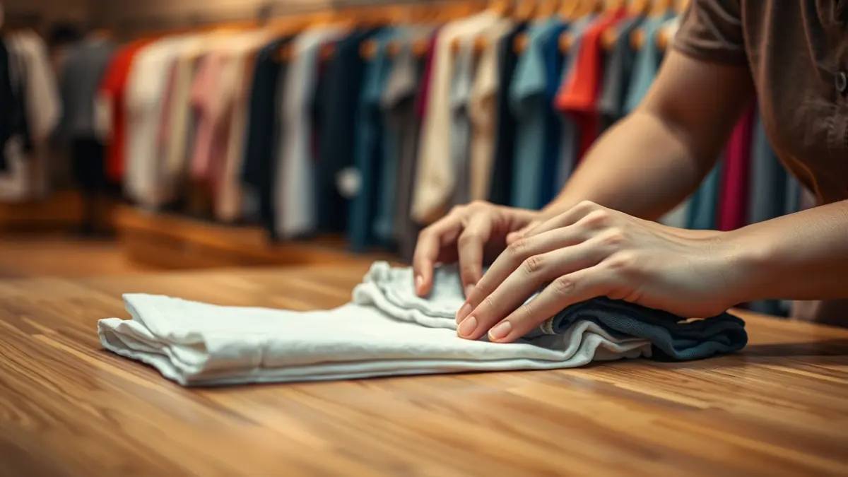 Imagen genérica de manos doblando ropa en una tienda.