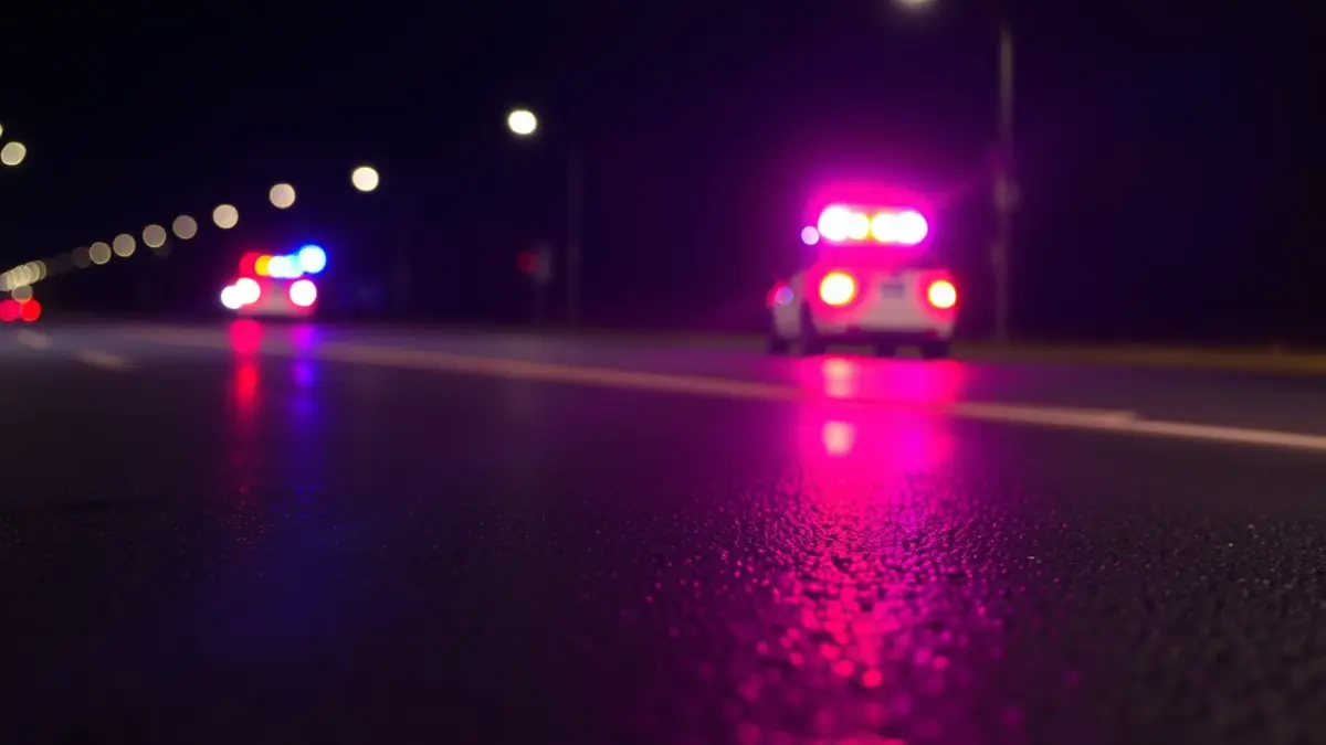 Imagen genérica de luces de emergencia reflejadas sobre asfalto mojado.