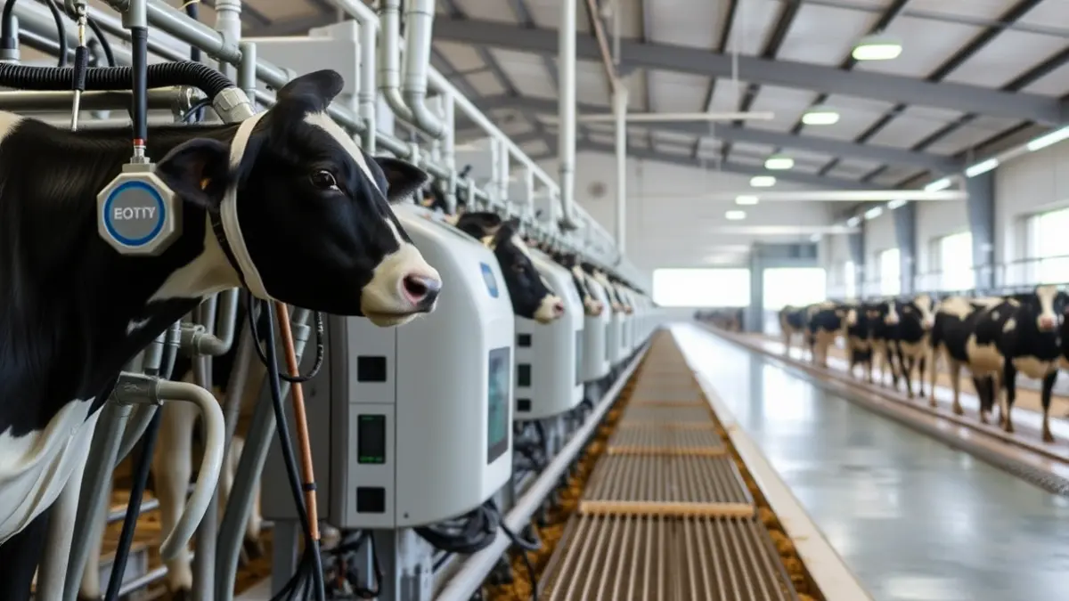 Imagen genérica de una granja de vacuno de leche moderna con robots de ordeño.