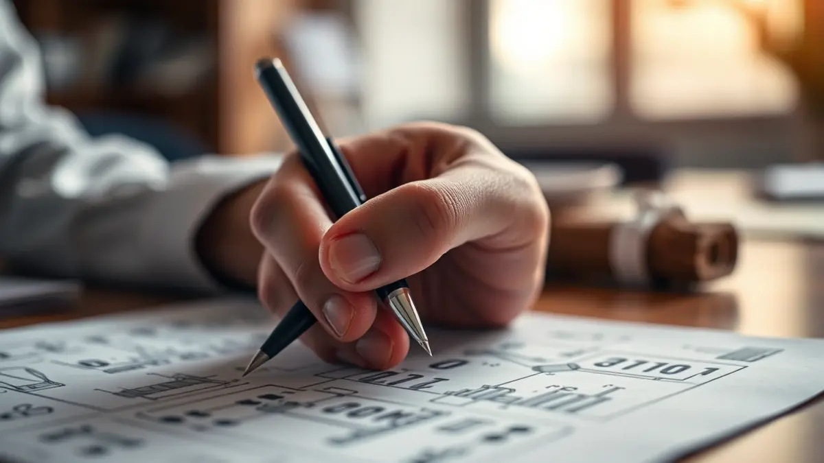 Imaxe xenérica dunha man sostendo un bolígrafo sobre un documento con debuxos técnicos borrosos de construción naval.