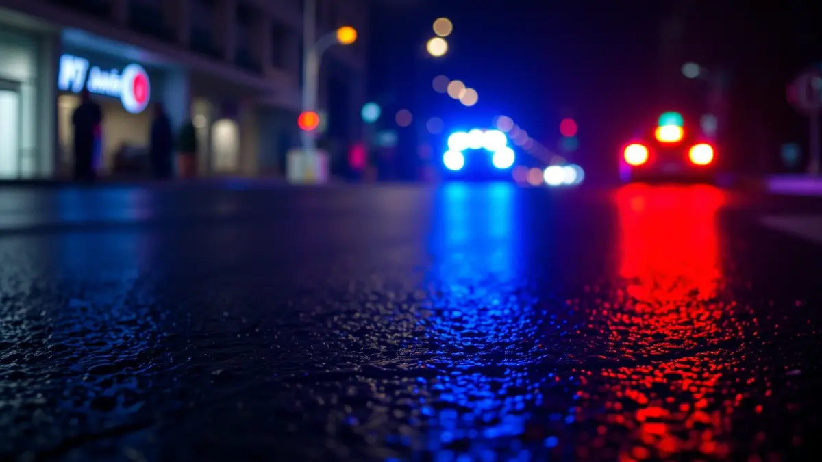 Imaxe xenérica de luces de emerxencia reflectíndose sobre asfalto mollado.