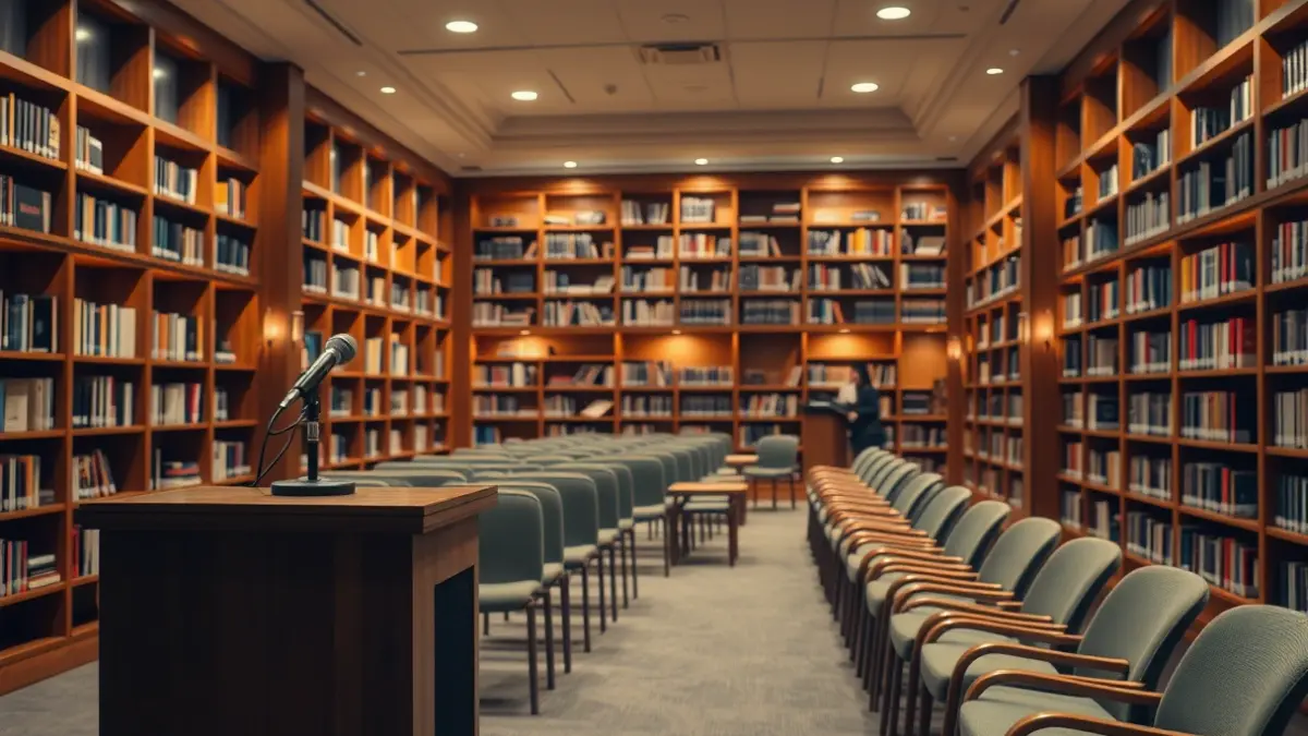 Imagen genérica de una biblioteca acogedora con estanterías de madera y luz cálida, preparada para una presentación de libro.