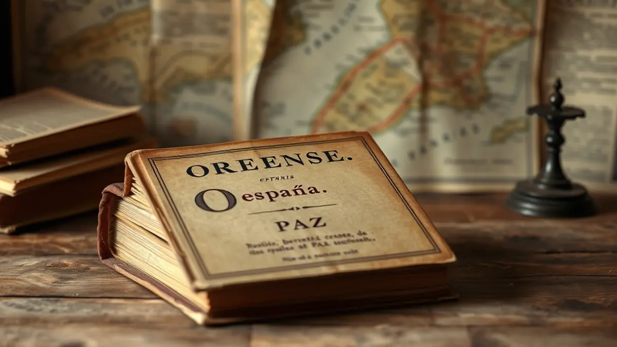 Imagen de un libro antiguo titulado 'Orense. España en Paz' sobre una mesa de madera.