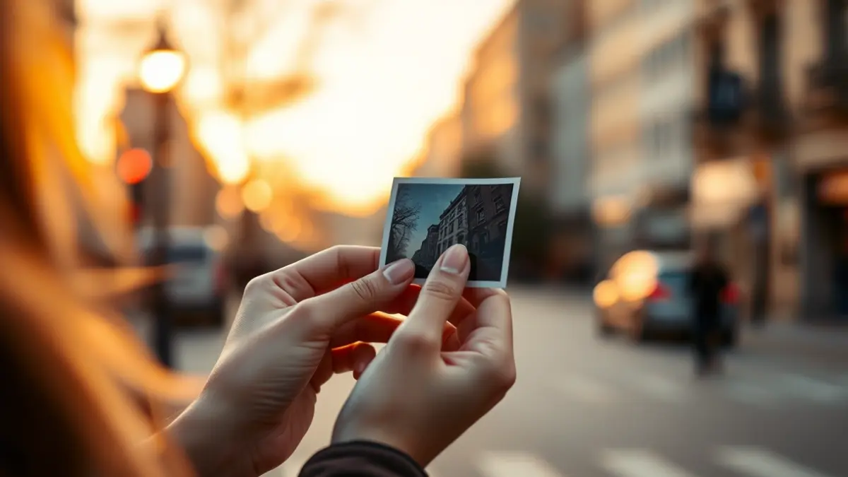 Imagen de unas manos sosteniendo una fotografía, con una calle tranquila de Vigo al fondo.