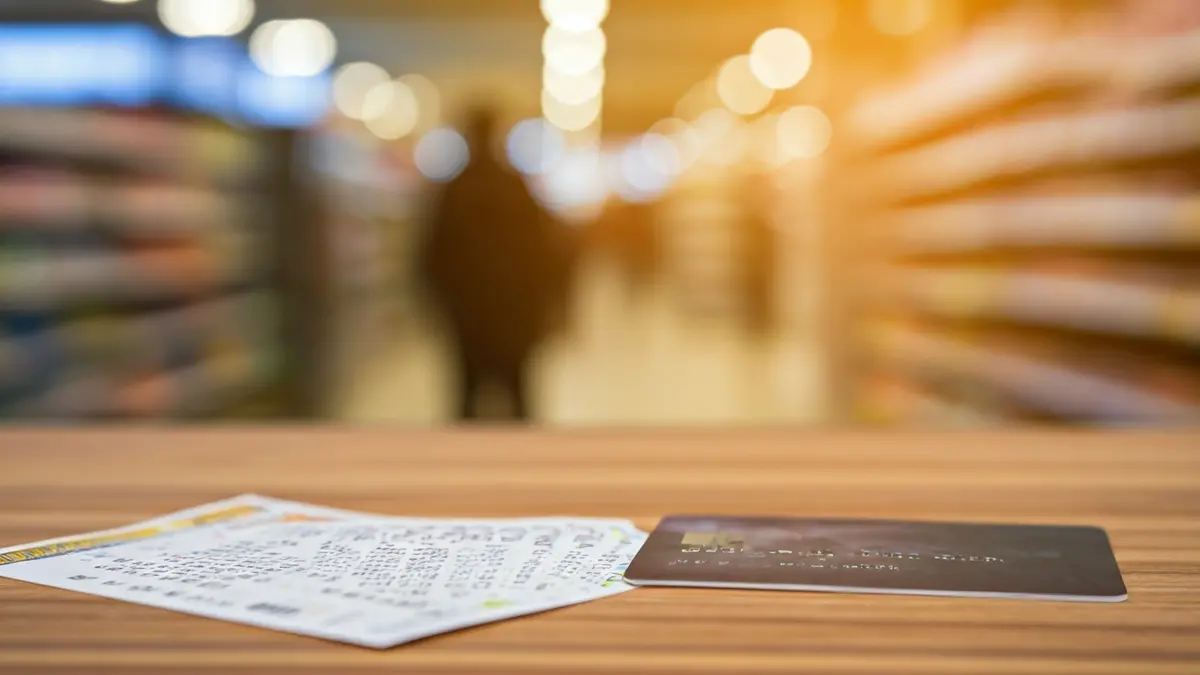 Imagen de una tarjeta de crédito junto a boletos de lotería, en un contexto de supermercado.