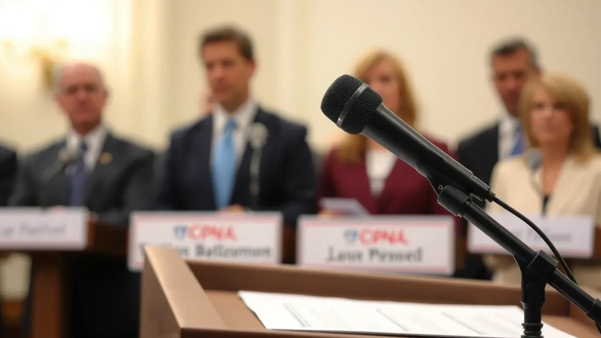 Imaxe xenérica dun micrófono nun podio, representando un acto político.