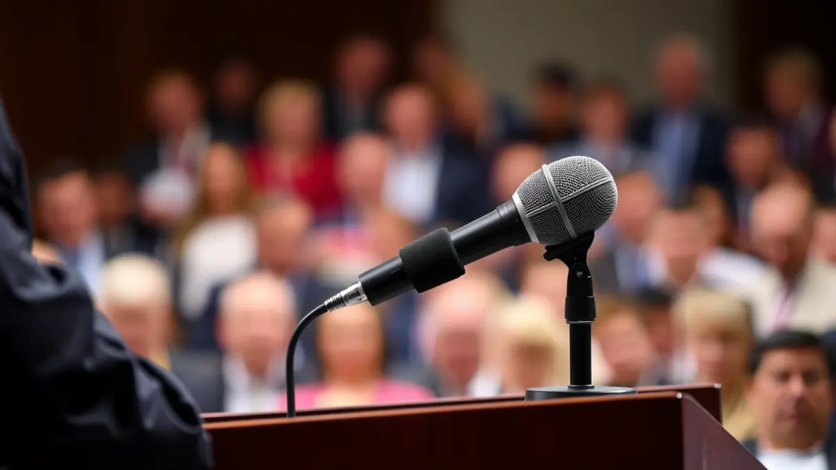 Imaxe xenérica dun micrófono nun podio, representando un acto político.