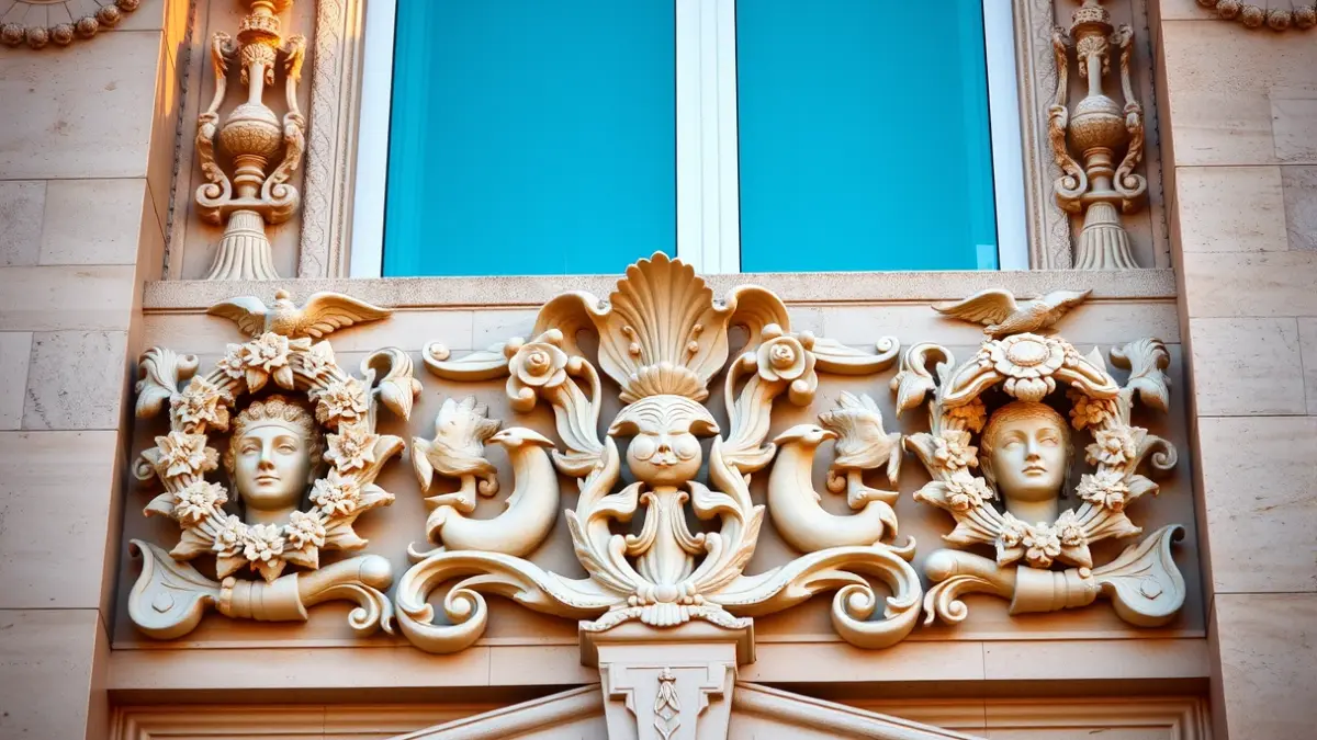 Detalle da fachada modernista da Casa Arambillet na Coruña, con elementos decorativos.
