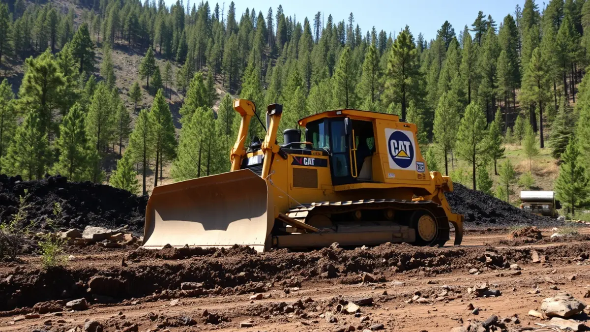 Un buldócer trabajando en un cortafuegos en una zona forestal montañosa.
