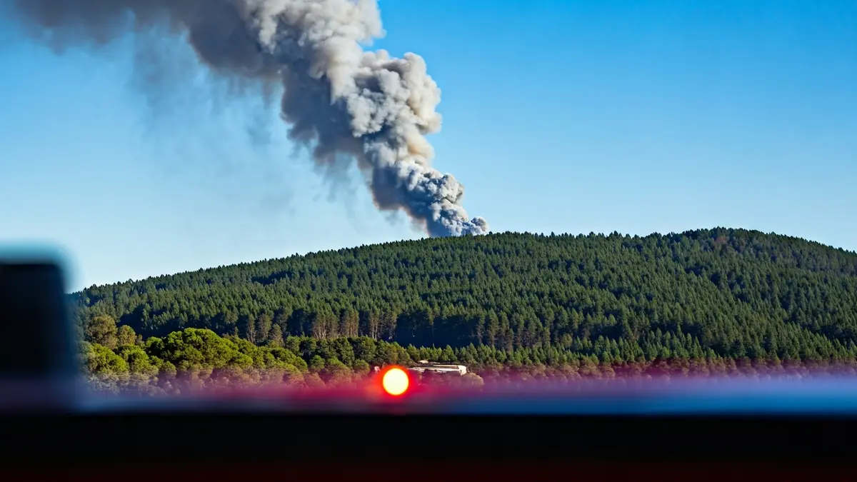 Imaxe xenérica de fume sobre un bosque, con luces de emerxencia borrosas.