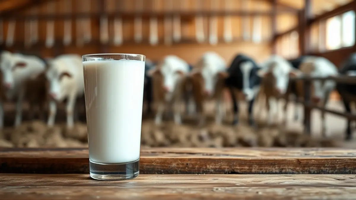 Imagen genérica de un vaso de leche sobre una mesa de madera, con fondo de granja lechera.