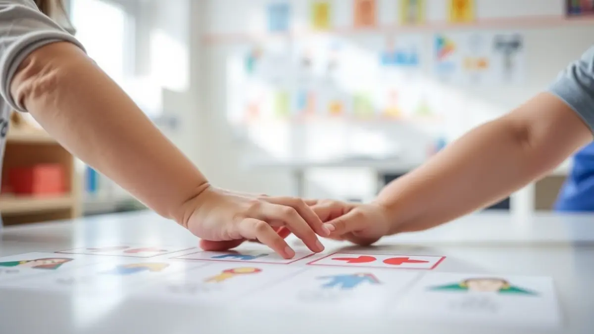 Imaxe xenérica de mans de nenos interactuando con pictogramas educativos.