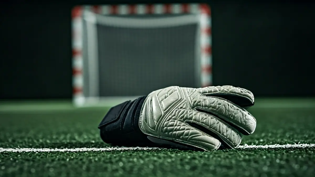 Imaxe xenérica de luvas de porteiro nunha cancha de fútbol sala.