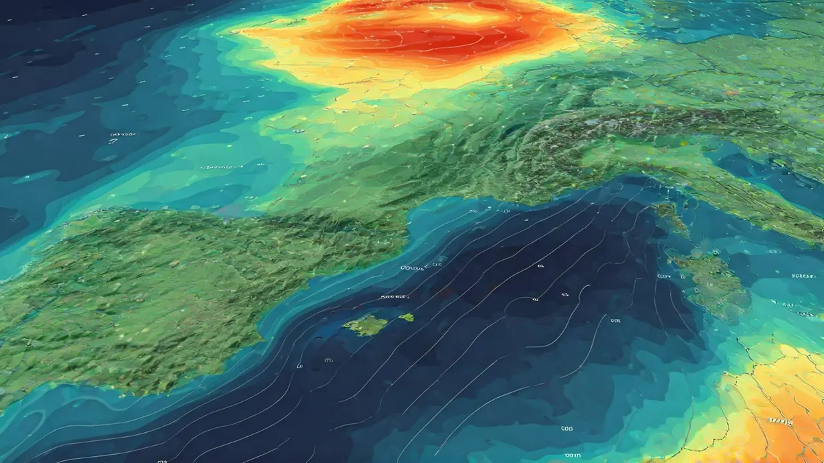 Imagen genérica de un mapa meteorológico con cambios de temperatura y aviso costero.