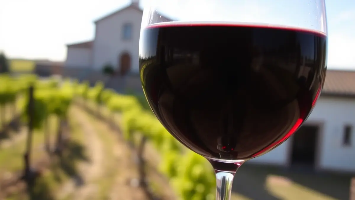 Imaxe xenérica dunha copa de viño con viñedos ao fondo.