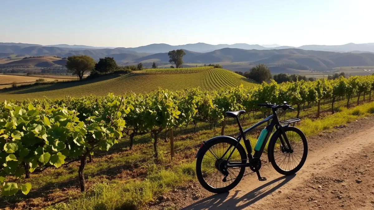 Imaxe dunha bicicleta eléctrica nun viñedo de Valdeorras.
