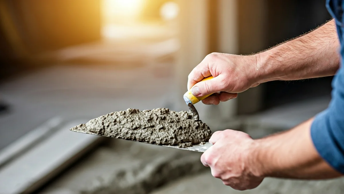 Imagen genérica de manos de un albañil trabajando con paleta y mortero.