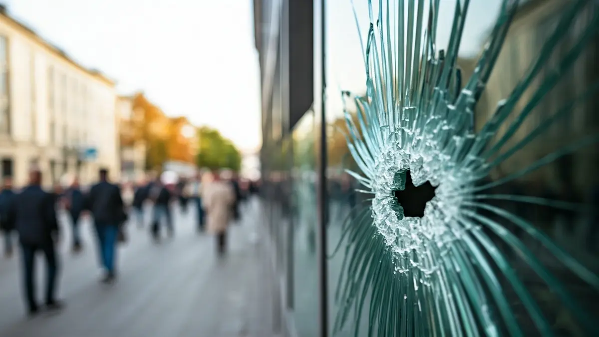 Imaxe dun cristal roto na fachada dun edificio moderno.