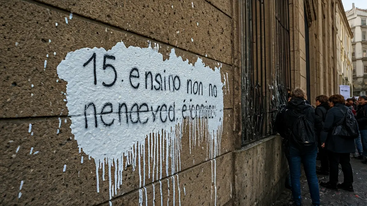Restos de pintura branca na fachada dun edificio coa pintada '15-A. O ensino non é negocio'.