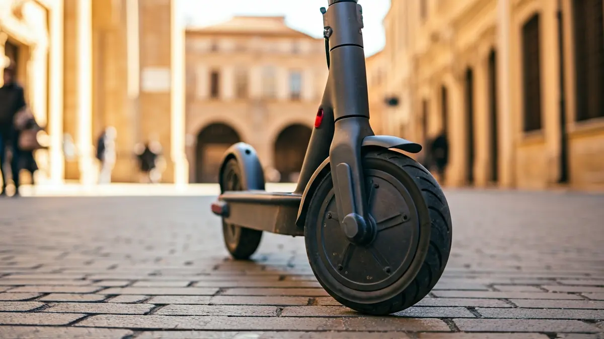 Imaxe xenérica dunha roda de patinete eléctrico nunha rúa empedrada.