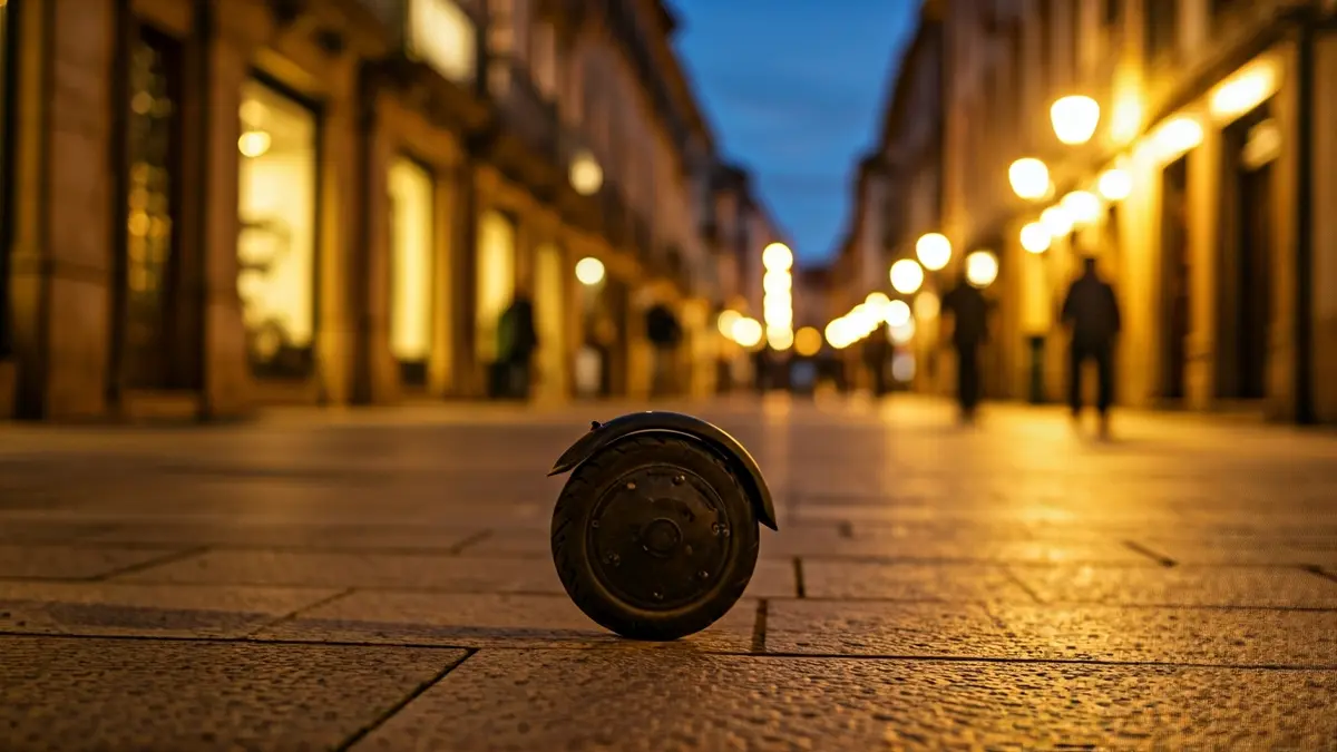 Imaxe xenérica dun patinete eléctrico estacionado nunha rúa de pedra.