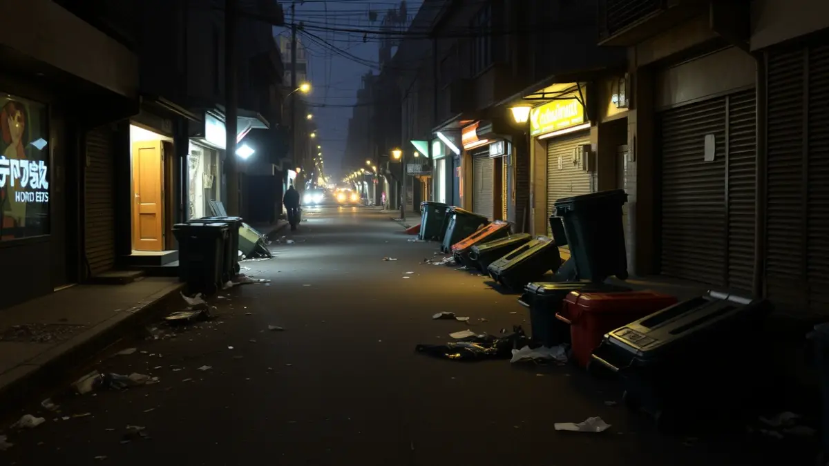Imaxe xenérica dunha rúa urbana ao amencer, con lixo espallado, que reflicte desorde.
