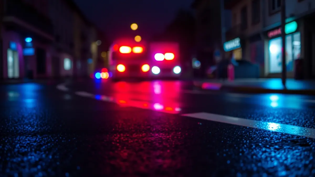 Imaxe xenérica de luces de emerxencia reflectíndose sobre asfalto mollado nunha rúa galega.