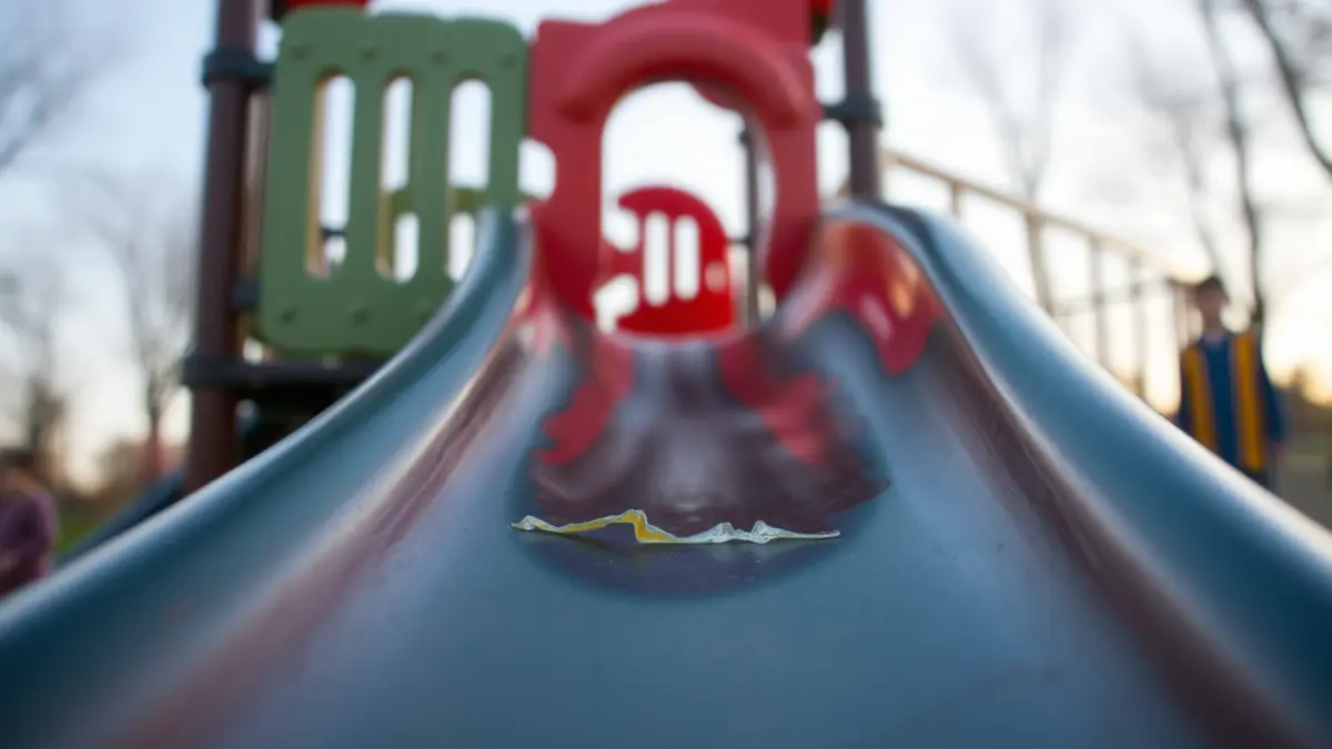 Imaxe dun tobogán infantil danado nun parque de Ourense.