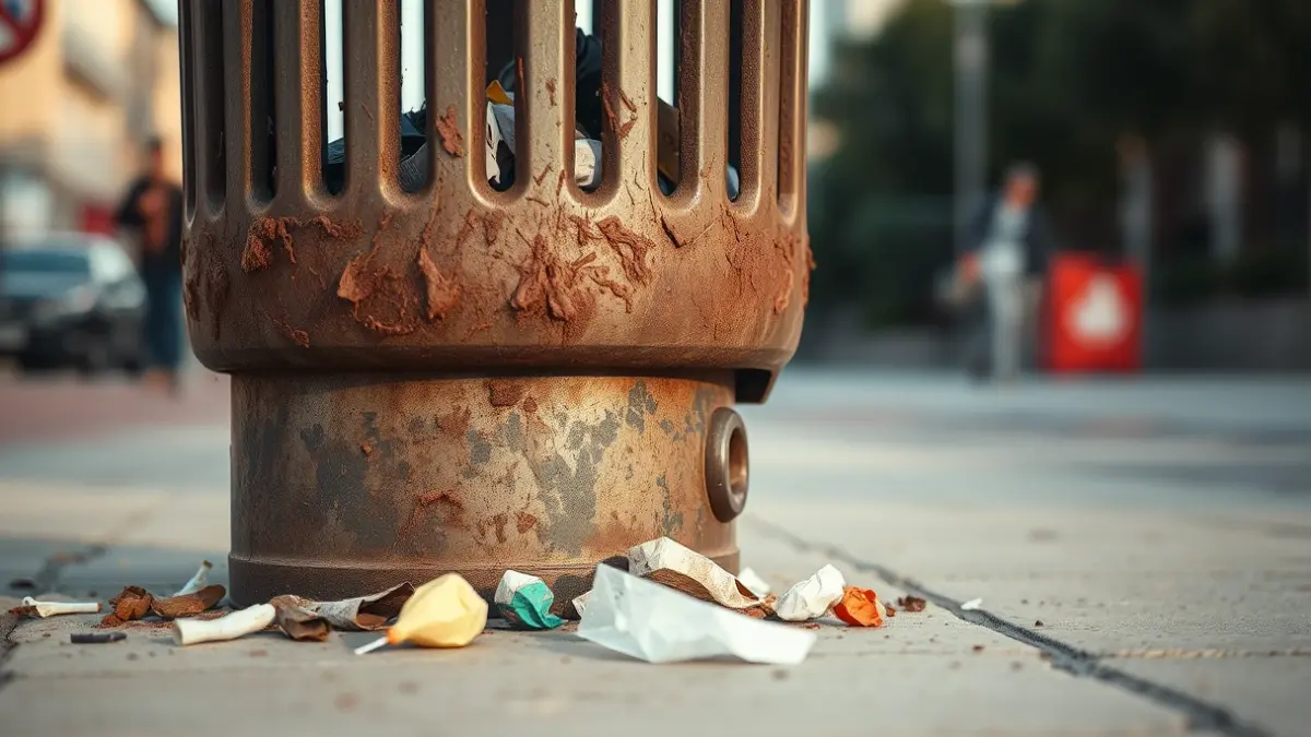 Imagen genérica de un contenedor de basura sucio y desbordado en una ciudad.
