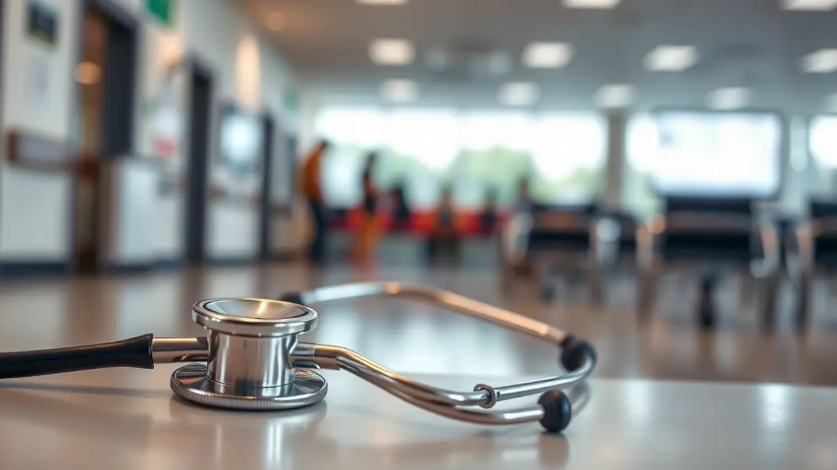 Imaxe xenérica dun estetoscopio sobre un fondo borroso dunha sala de espera, simbolizando a sanidade.