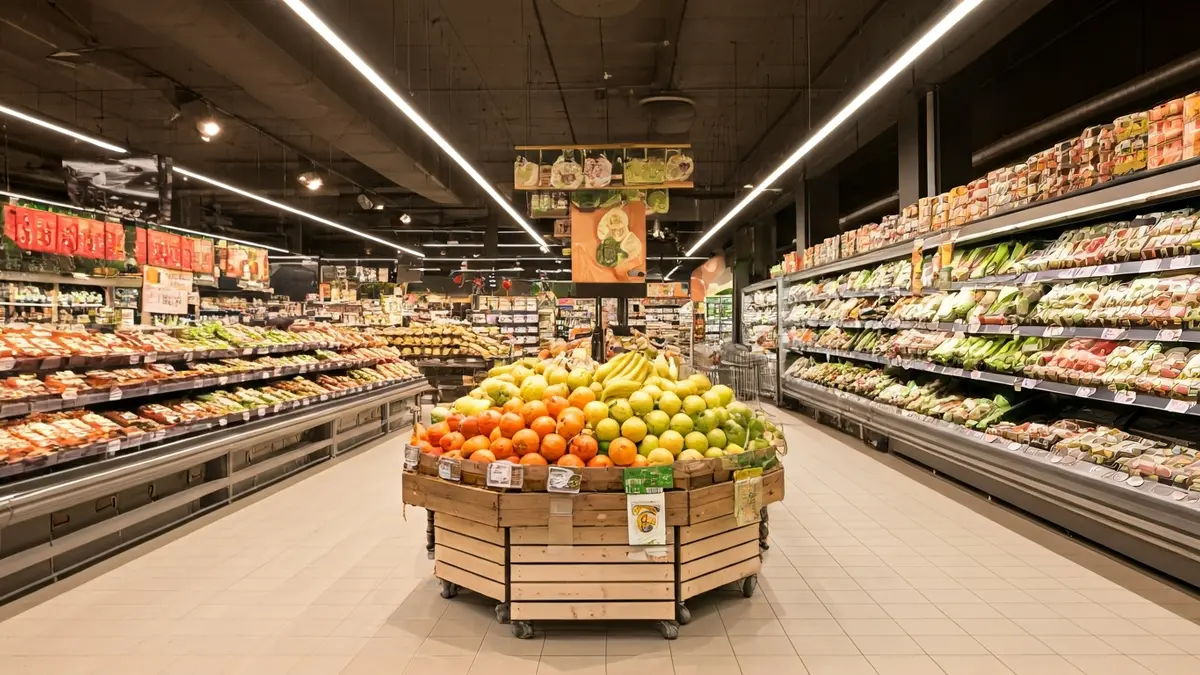 Imaxe xenérica dun supermercado moderno con produtos frescos e corredores amplos.