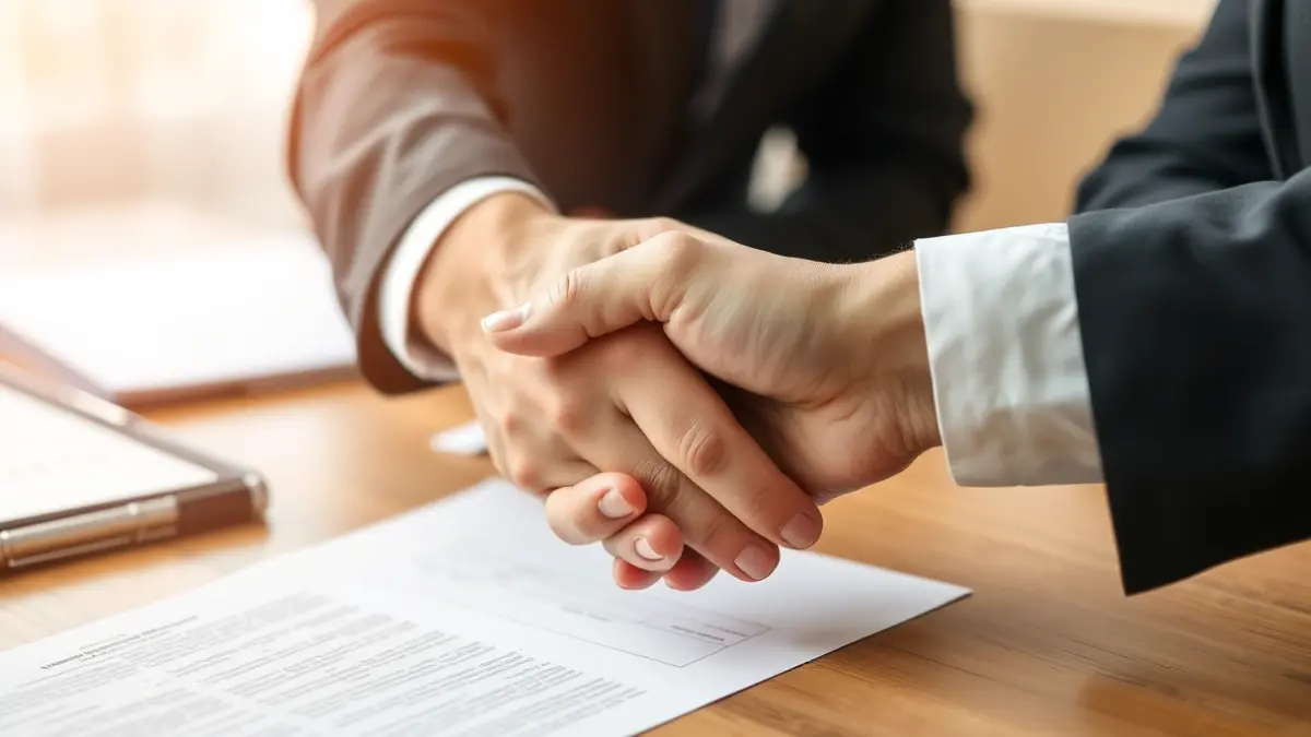 Imagen genérica de dos manos estrechándose sobre una mesa con documentos, simbolizando un acuerdo.