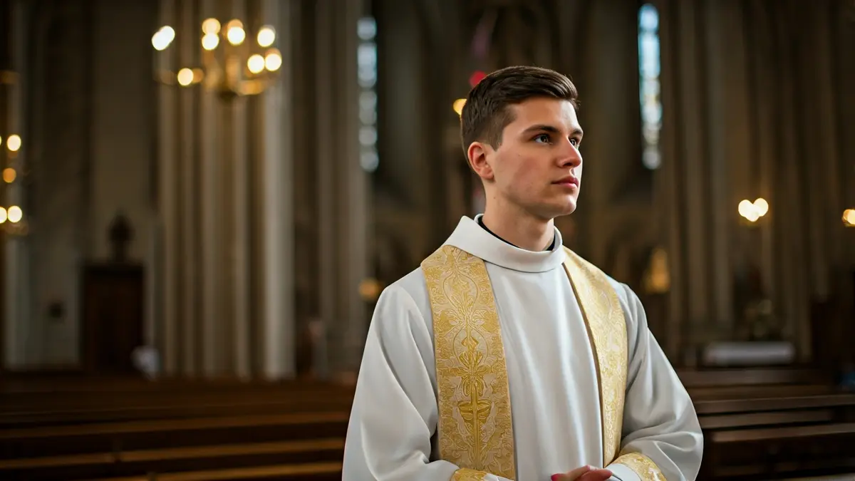 Imaxe dun diácono nun santuario, preparándose para unha misa.
