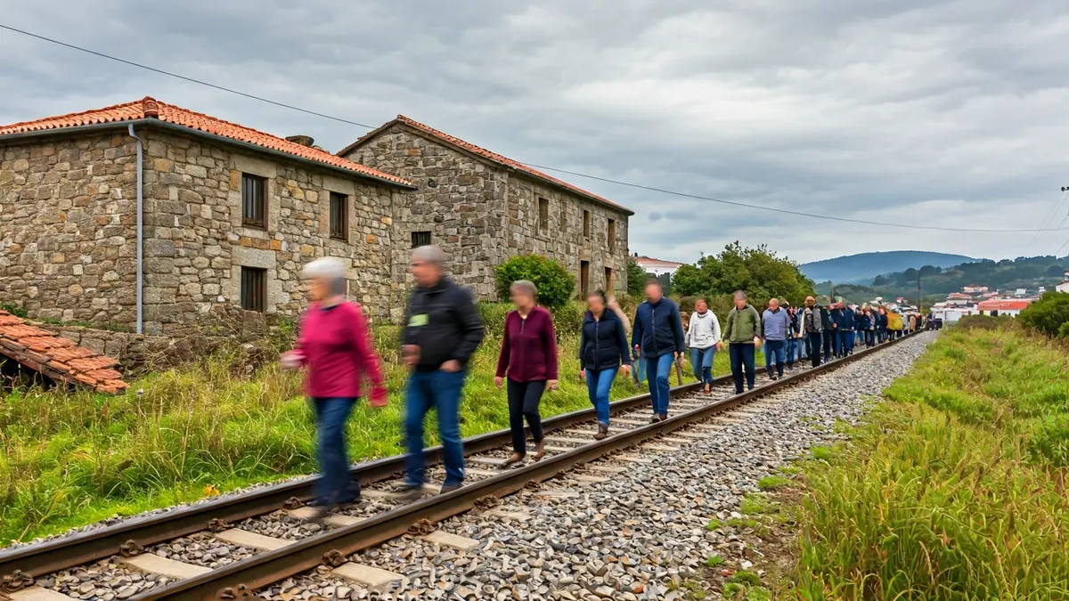 Imagen de un grupo de personas caminando por una vía de tren en Galicia durante una protesta.