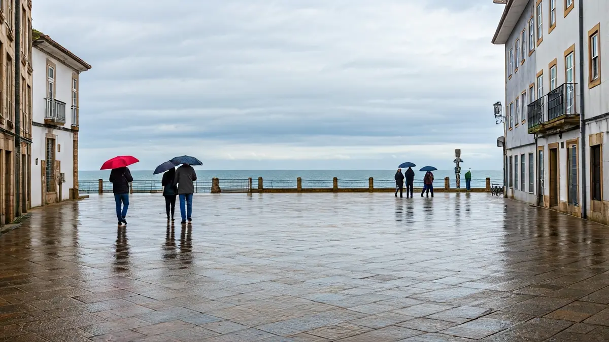 Imaxe dunha rúa de Vigo con ceo cuberto e chan mollado, reflectindo o tempo cambiante.