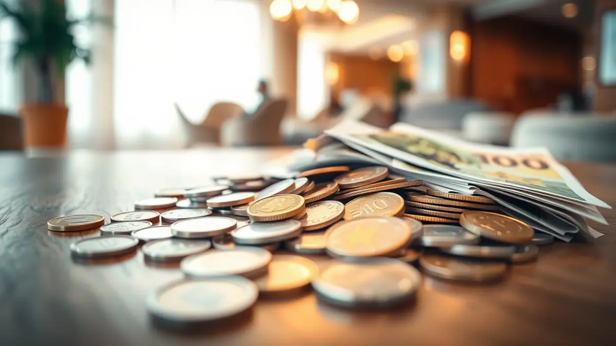 Imaxe xenérica de moedas e billetes de euro sobre unha mesa de madeira, simbolizando un imposto turístico.