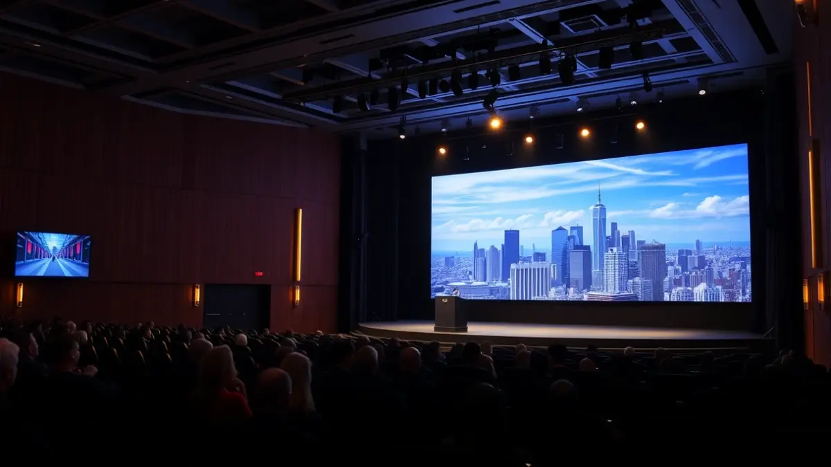 Imagen de un escenario de auditorio moderno durante una gala de premios.