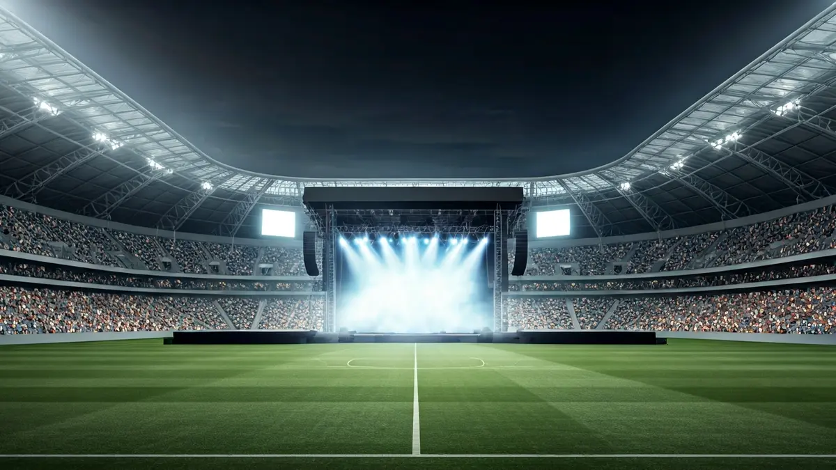 Imaxe dun estadio de fútbol baleiro co escenario dun concerto montado no campo, luces brillantes e asentos borrosos.