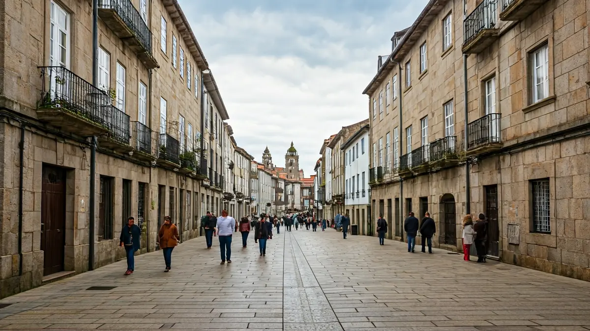 Imaxe xenérica dunha rúa animada en Vigo, Galicia, con edificios de pedra e xente.