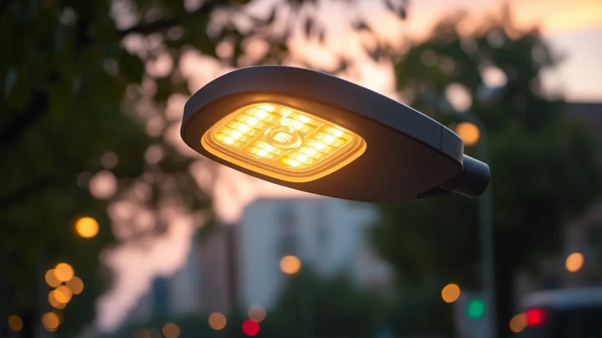 Imaxe xenérica de luminarias LED nunha rúa urbana ao anoitecer.