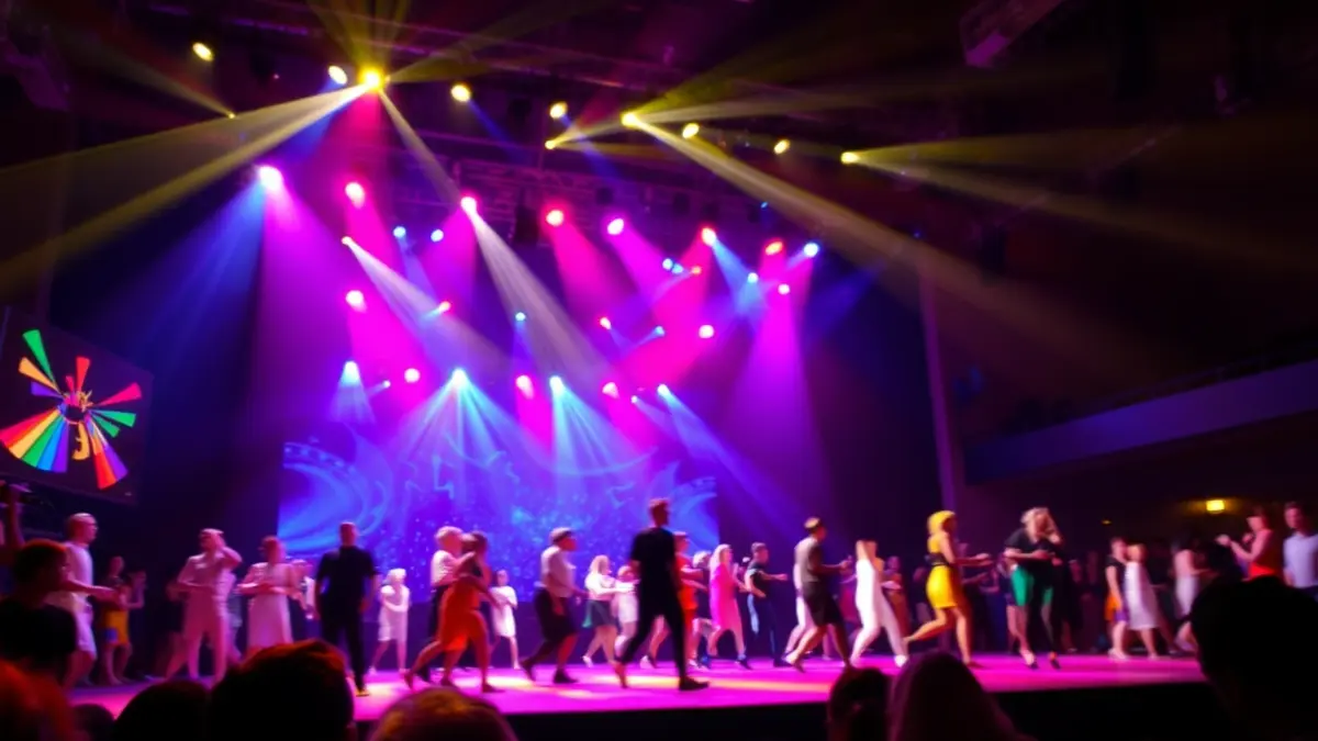 Imagen genérica de un escenario de danza con bailarines en movimiento y luces.