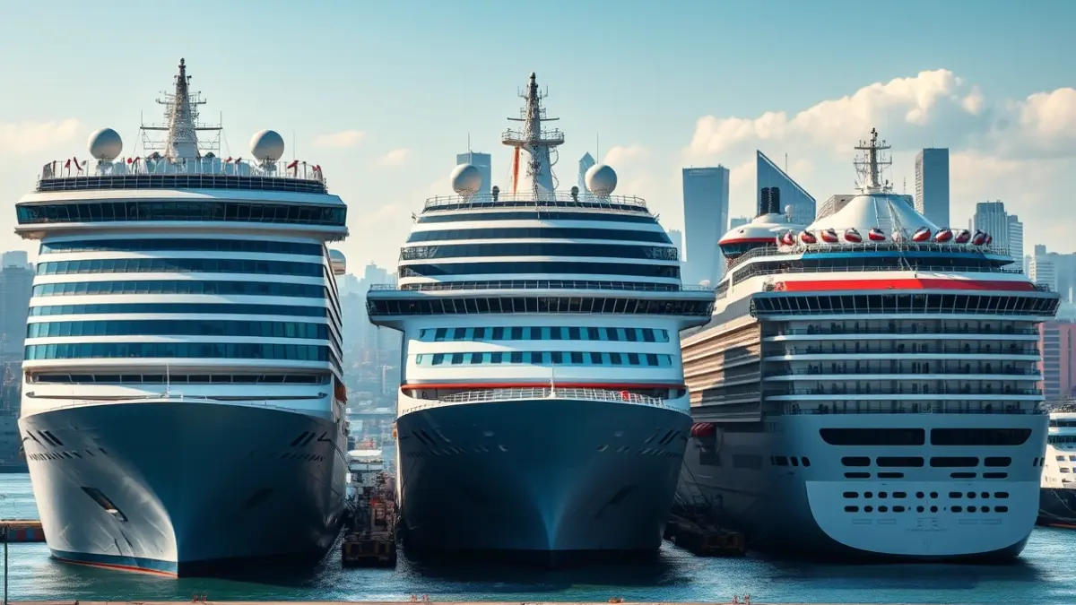 Imaxe dos tres cruceiros atracados no porto de Vigo.