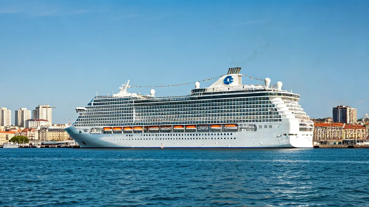 Imaxe xenérica dun gran cruceiro atracado nun porto con actividade.