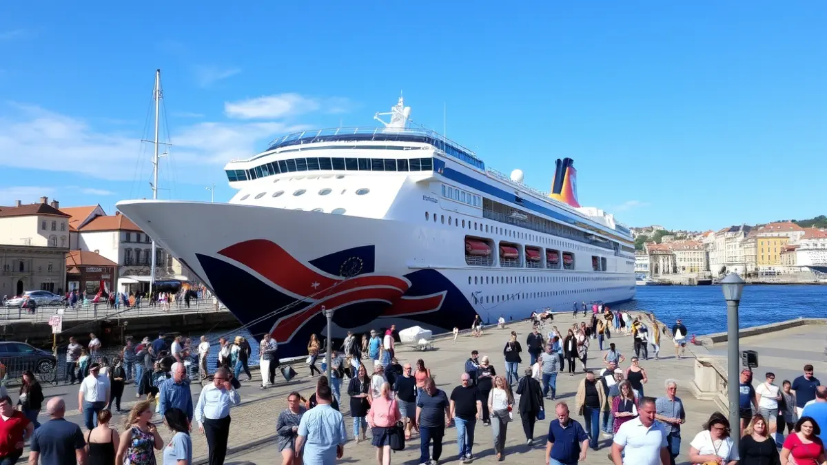 Imaxe dun cruceiro atracado no porto de Vigo con turistas desembarcando.
