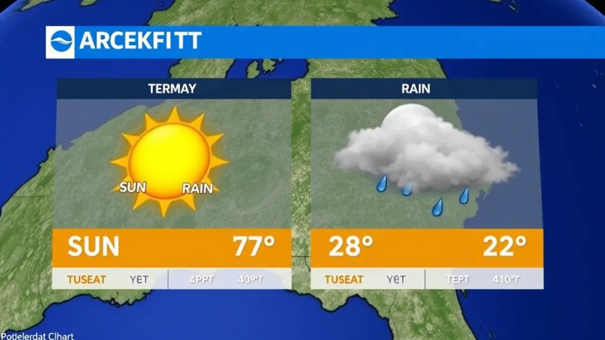 Imaxe xenérica dun mapa do tempo con iconas de sol e choiva.
