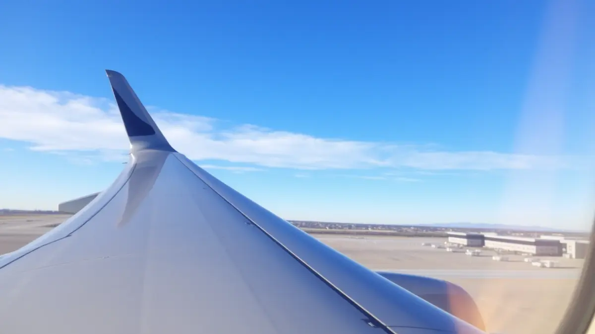 Imaxe xenérica dunha á de avión sobre un ceo azul, con pista de aterraxe e terminal difuminadas ao fondo.