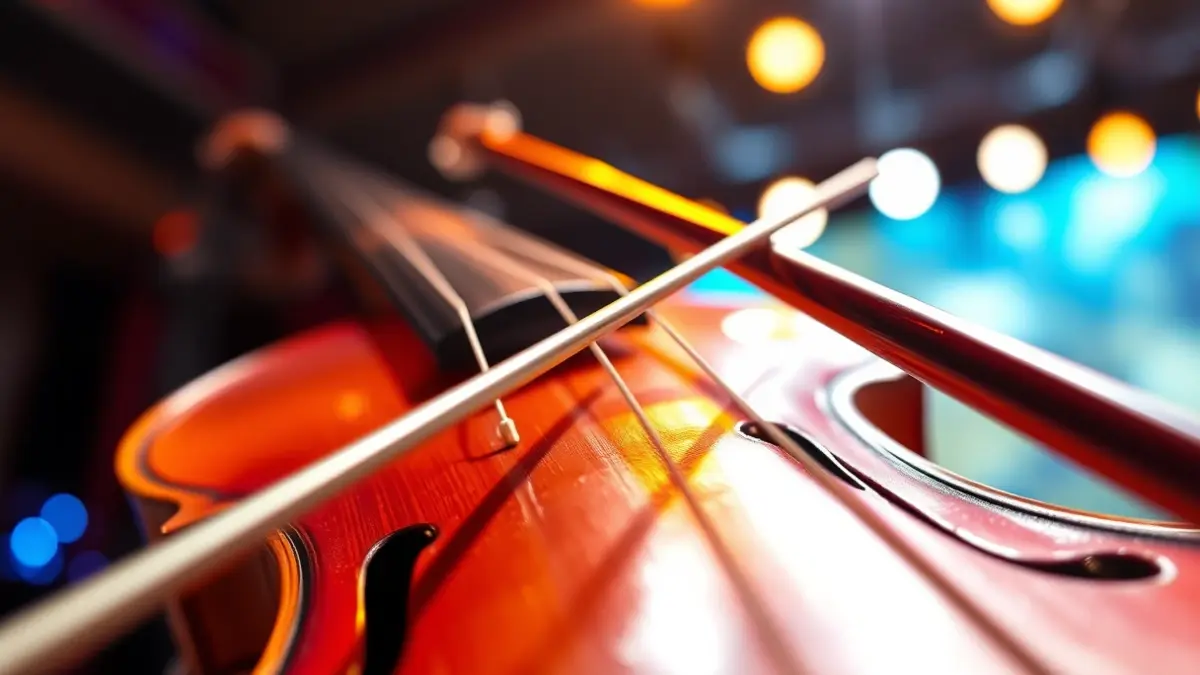 Imaxe xenérica dun violín e un arco, con luces de escenario ao fondo.