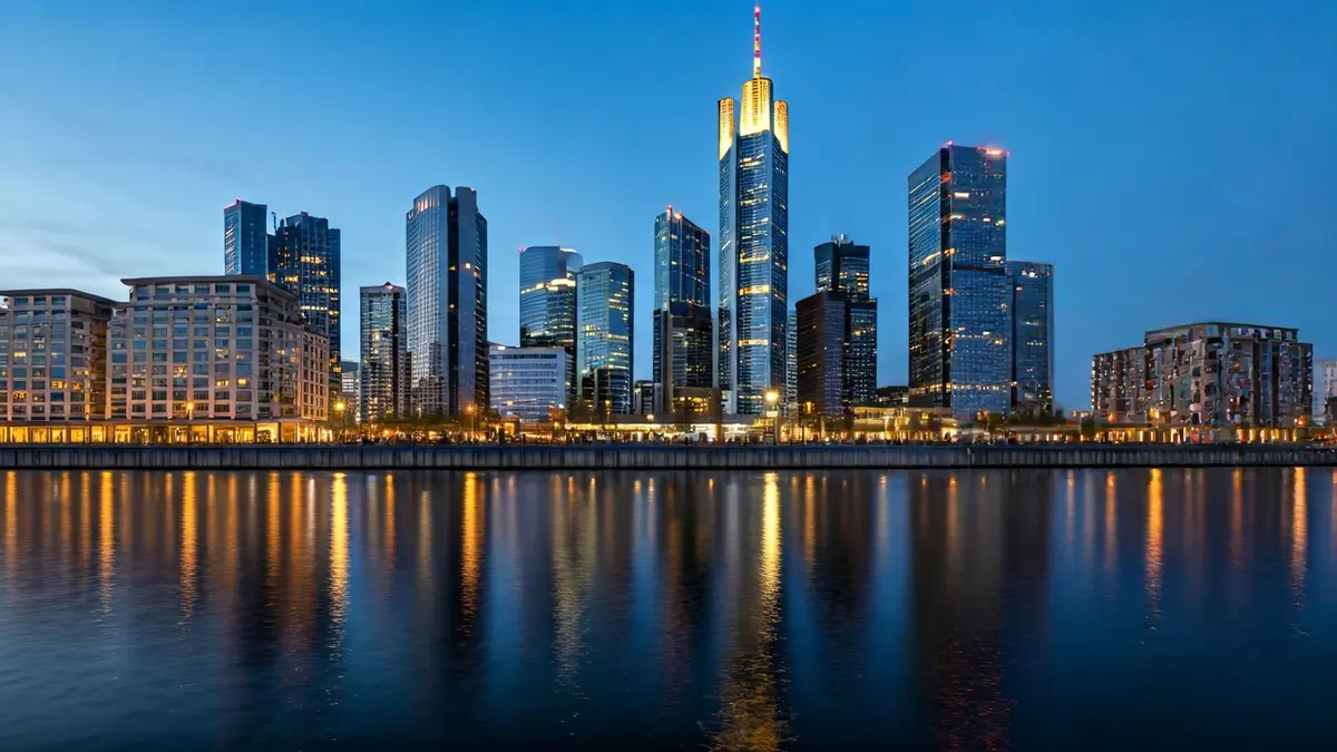 Imagen genérica de una ciudad moderna al anochecer, con luces encendiéndose y reflejándose en el agua.