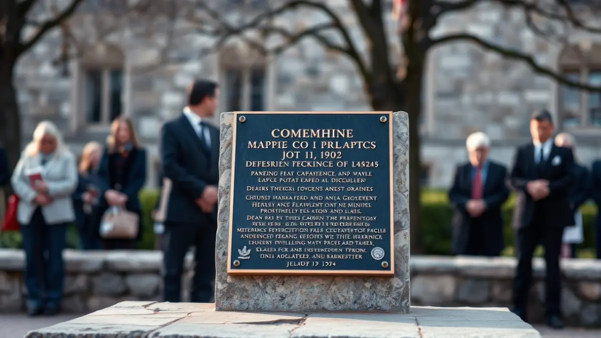 Placa conmemorativa nunha parede de pedra durante un acto de homenaxe.
